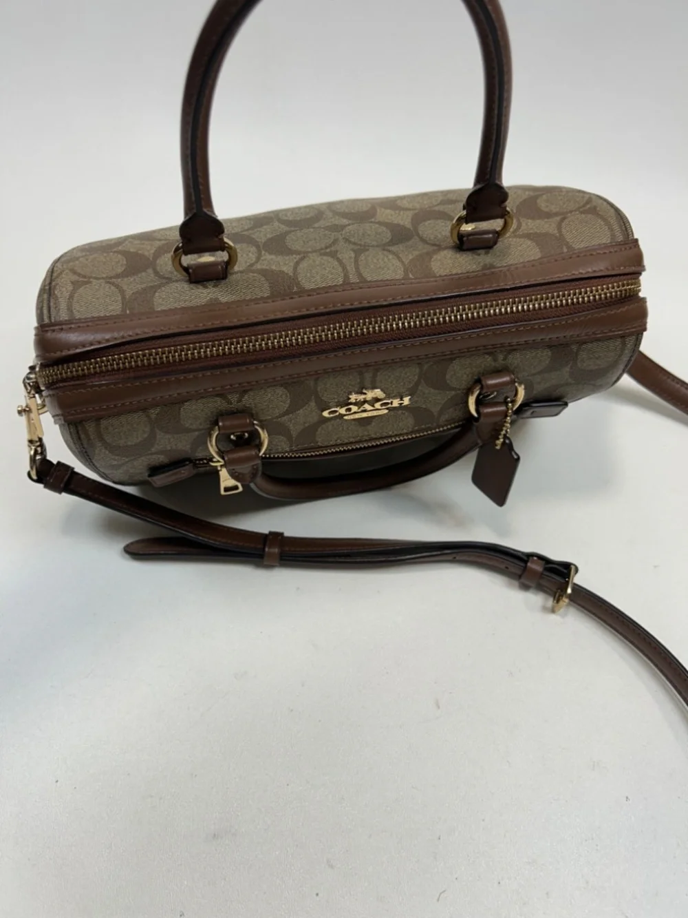 COACH Rowan Satchel in Khaki/Saddle Signature Coated Canvas Crossbody Strap